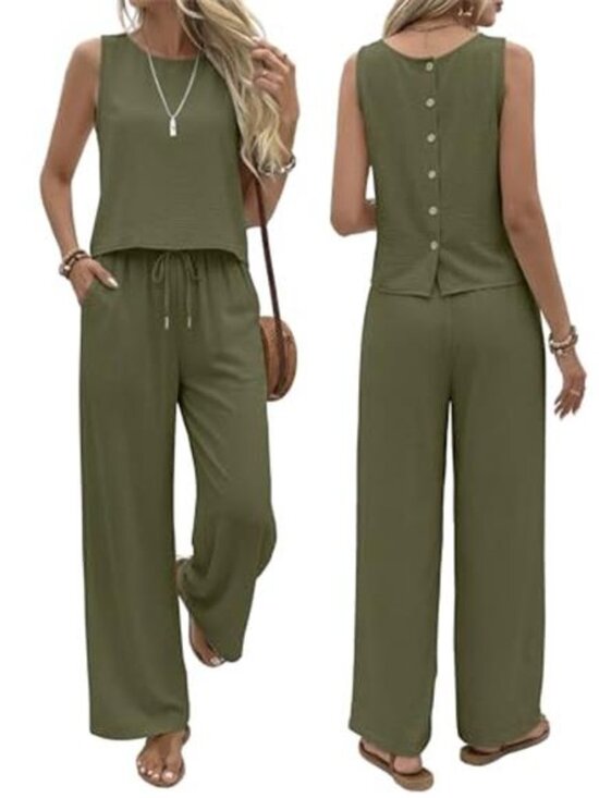 Pants - Women's Summer Two Piece Set Button Back Tank Top Flowy Beach Pants